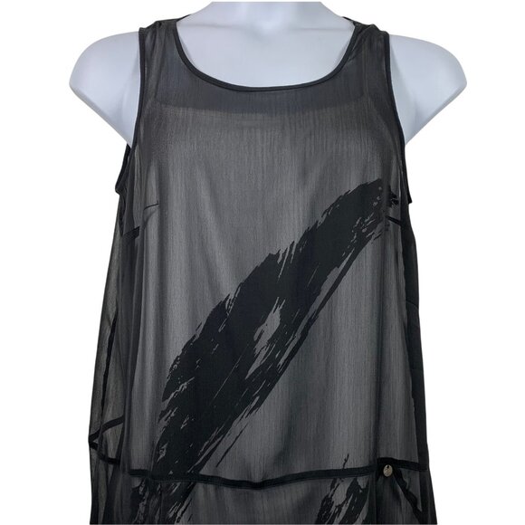 Mado Et Les Autres 44 Dress Sleeveless Black White Layered Feather Graphic Sheer - Picture 3 of 9